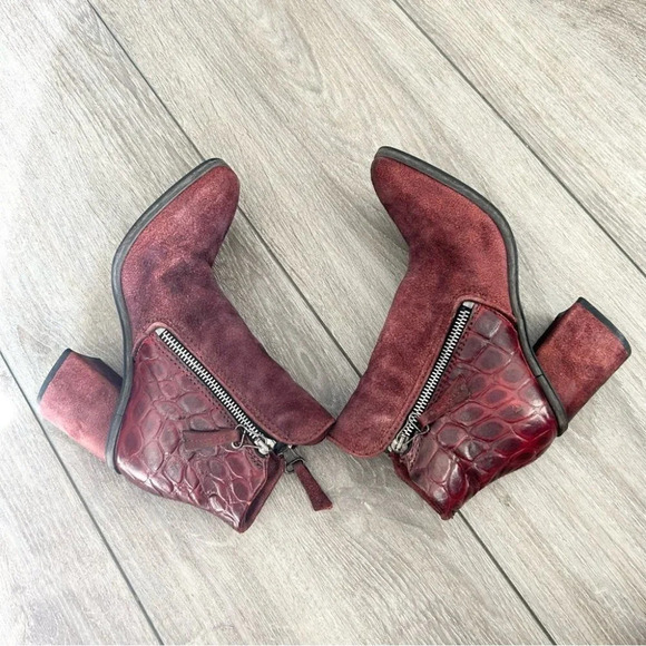 MJUS Croc Pattern Suede Leather Mixed Double Zipper Heeled Boots - Picture 7 of 14